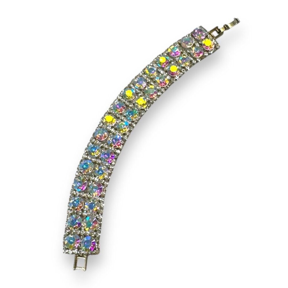 Aurora Borealis Crystal Rhinestone Bracelet 6.75" Fold Over Clasp Vintage